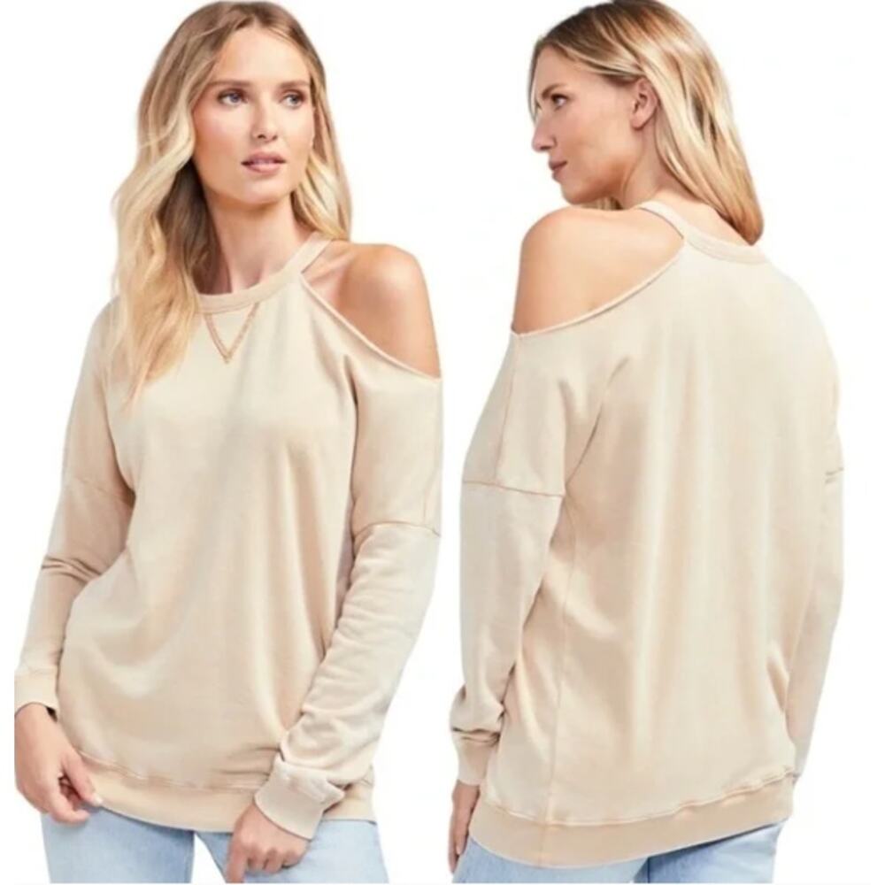 Wildfox Slouchy Cut Out Shoulder‎ Sweatshirt Top Warm Beige Cozy Fleece M